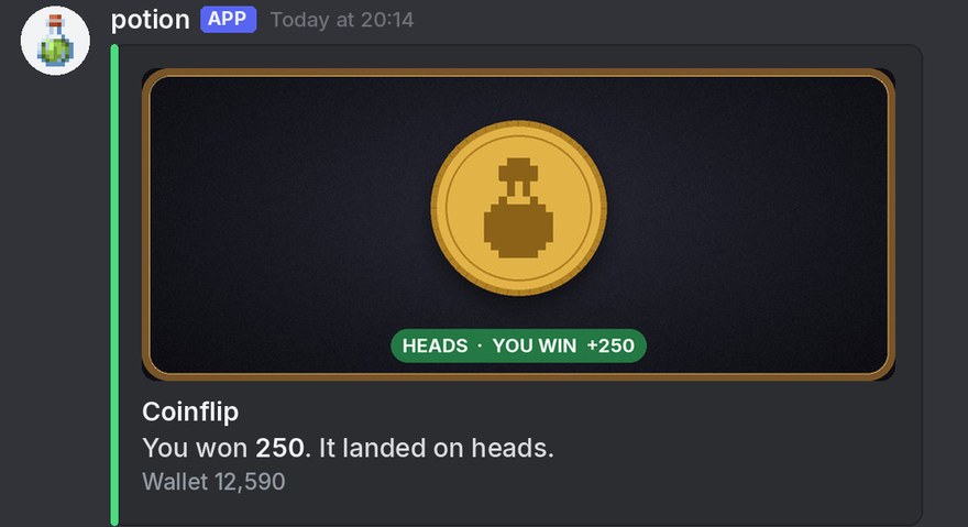 A Potion coinflip result drawn as a gold coin on a casino table